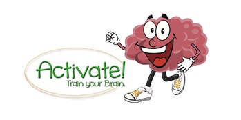 Activate! logo with brain character